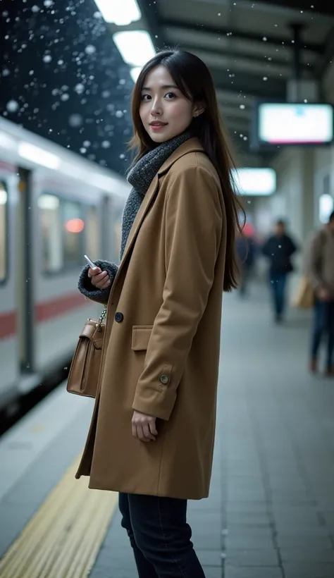  Max Image Quality。Beautiful woman wearing a single coat。Station platform at night when snow flickers。Standing with a small bag with both hands。whole body撮影。whole bodyポートレート((whole body))winter。 White Breath。cold。Toothy smile。 emphasizes body lines