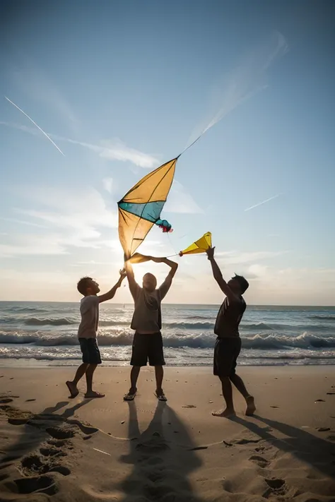 silhouette photo of three boys playing kites on the beach