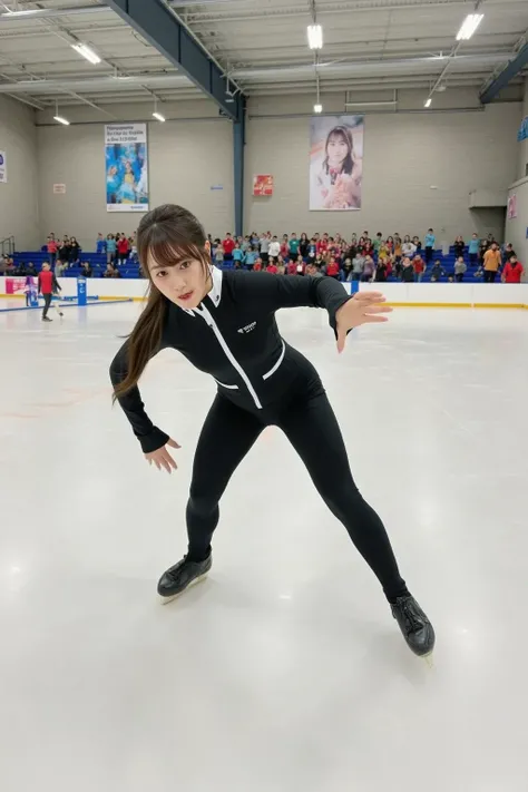 "A powerful and dynamic scene of a female speed skater gliding swiftly across the ice rink. The athlete is in a low, aerodynamic position, with one leg extended forward and the other pushing off the ice. The skater's body is streamlined, emphasizing her sp...