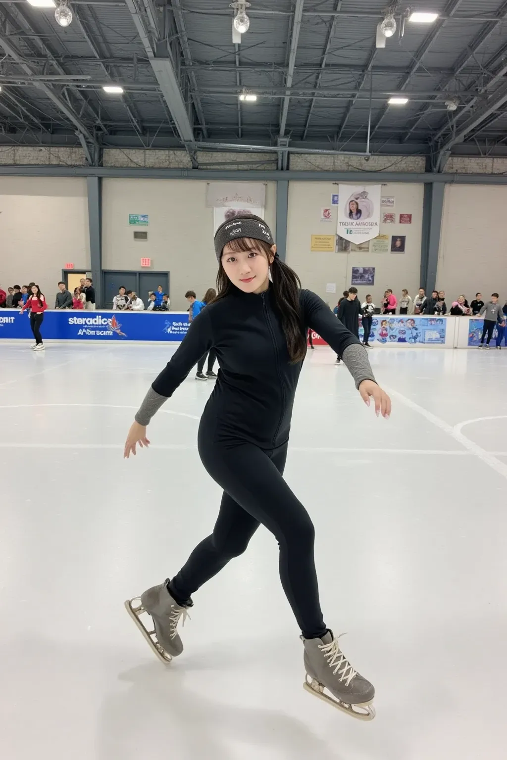 "A powerful and dynamic scene of a female speed skater gliding swiftly across the ice rink. The athlete is in a low, aerodynamic position, with one leg extended forward and the other pushing off the ice. The skater's body is streamlined, emphasizing her sp...