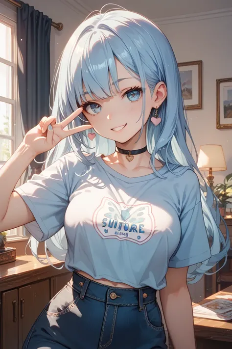 light blue hair and eyes
women、 small tits、V-shaped shirt、