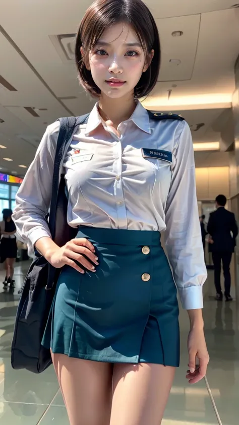 A beautiful, 24-year-old Japanese woman with perfect anatomy, healthy thighs, beautiful legs, beautiful skin, random hair color and style, large breasts, (wearing a flight attendant uniform with a mini-skirt:1.3), (she is standing:1.2), full body shot, pum...