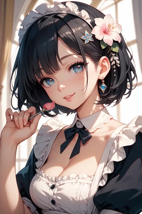 uncensored black hair short hair flower hair ornament pretty smile beautiful big boobs maid clothes kiss close your eyes from the front