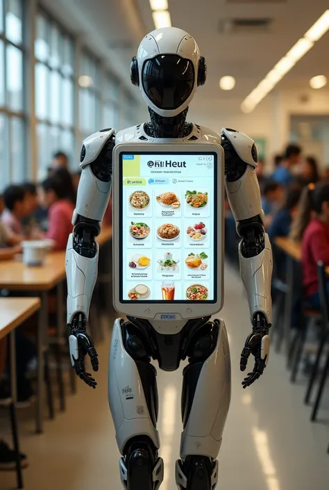 Create a robot waiter at school where everything from the canteen is written on it ,