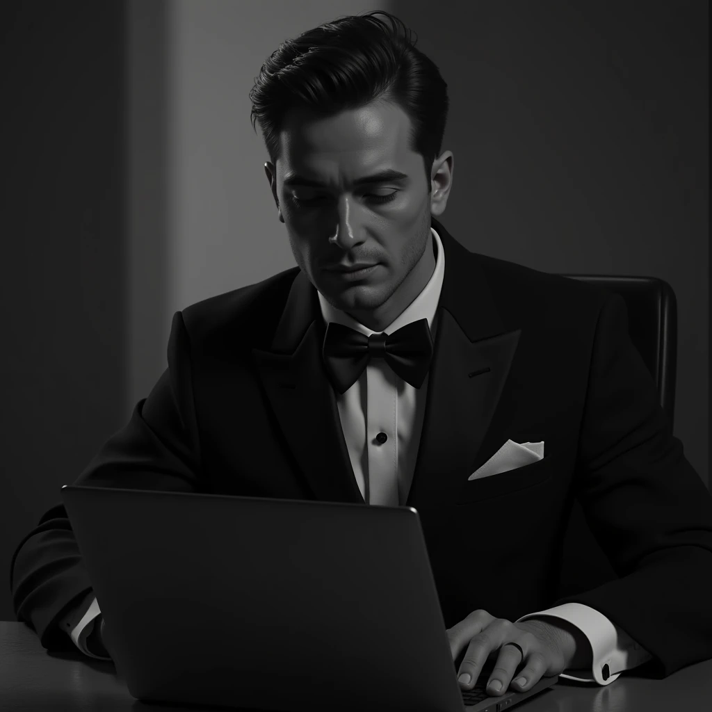 ((RAW Photo), black and whie, (absurdresolution)), masterpiece, best quality, (Extremely detailed 8k unity CG wallpaper), a man with tuxedo in laptop