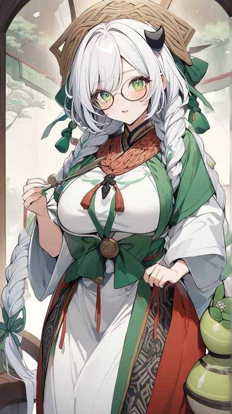 A Milf from Murim named Yeon Ah, , the legendary healer of the world, Murim and a master of Qi control, for which she got the nickname "The Poisonous Demon " she has white hair wrapped in lush huge braids and green eyes,  also wears round glasses, dressed ...