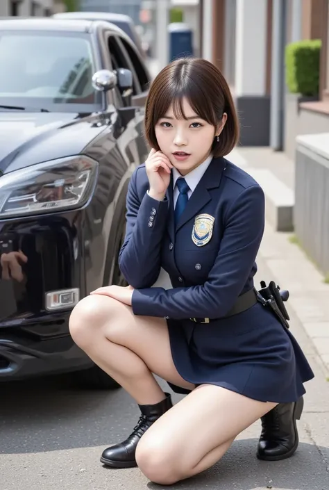 25-year-old Japanese police officer wearing a skirt  、Crouching near a police car . Police Hat、gt-r、(((ポニーテール)))