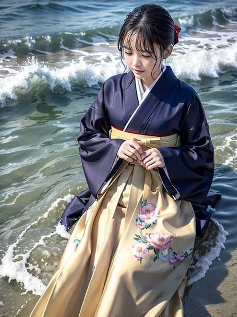 Realistic, long-sleeved kimono, hakama, long hakama, floral patterned kimono, wet clothes, soaking wet clothes, wet and shiny clothes, clothes with a wet texture, clothes that cling to the body, wet clothes, soaking wet, submerged in water, sinking in the ...