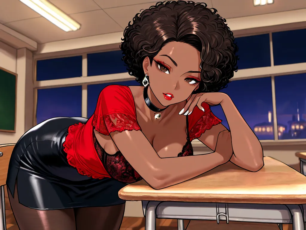 1Woman, Mature, Adult, Ebony, African American, Dark Brown Skin, Jet Black Curly Afro, Shiny Hair, Forehead, Dark Brown Eyes, White Nails, Red Lipstick, Dark Brown Eye Shadow, Black Mini-Skirt, Red Blouse, Exposed Black lacy Bra, Black Pantyhose, Black Cho...