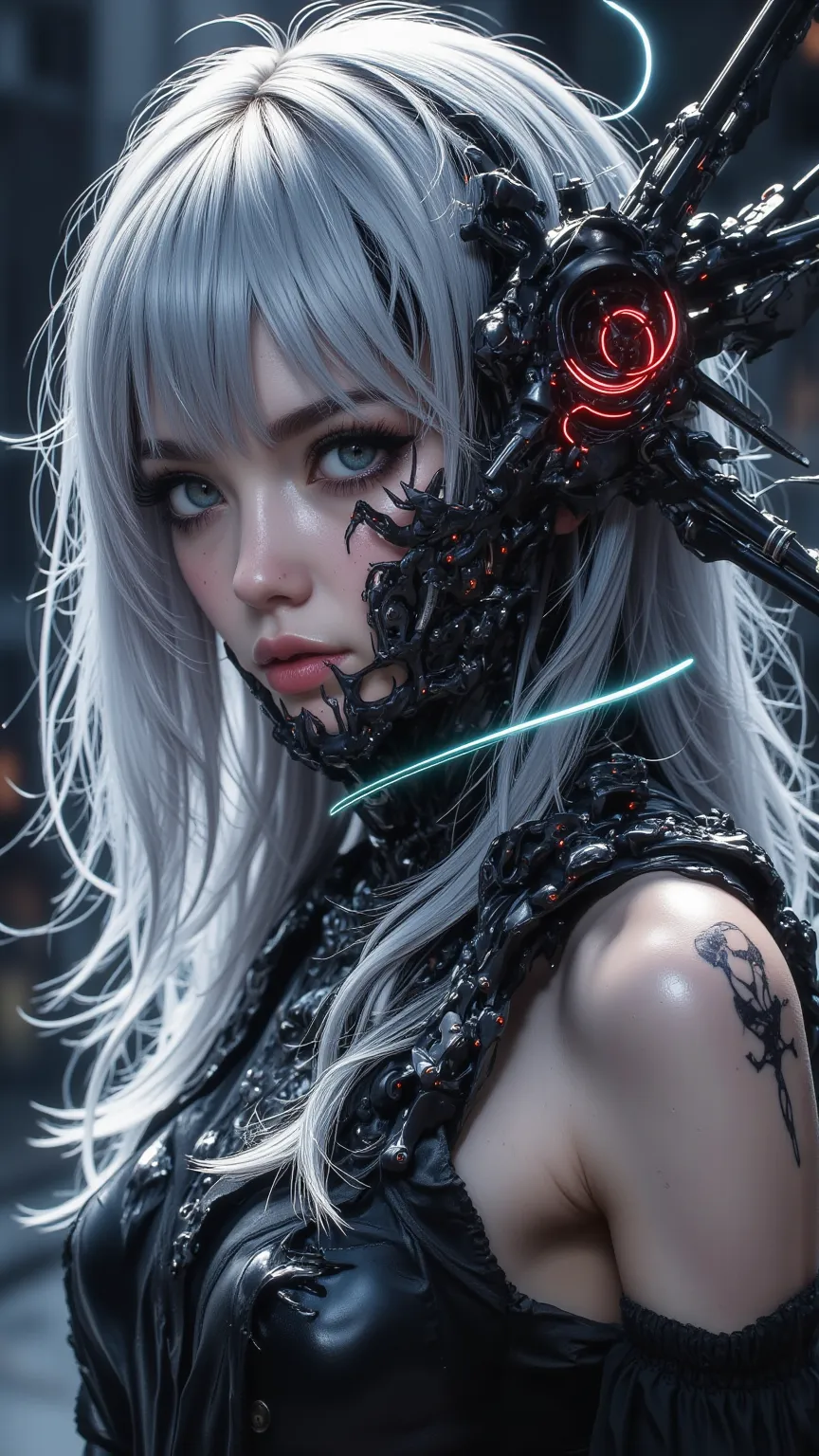  girl，The coalescing formation of an otherworldly figure from between different dimensions， fuses human and hellish elements 。  Shiny silver hair cascading around her face ，An invisible swirl wrapped around ， while a sharp corner highlights her demonic blo...