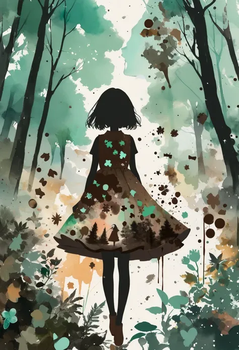 (masterpiece, best quality),(multiple exposure silhouette: 1.2), watercolor print collage depicting,little-girl wearing layered dress,she is floating in the brown and mint forest,she is surround by mint and chocolate symbols,paint splatters, collage art, c...