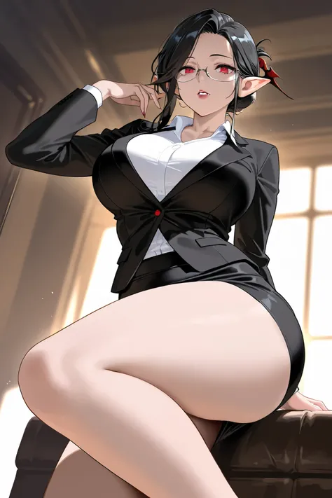 Mature female, black hair, tied in a bun, red eyes, glasses, black suit, white shirt, pencil skirt, thighs, pointy ears, vampire, highly detailed, best quality, soft lighting