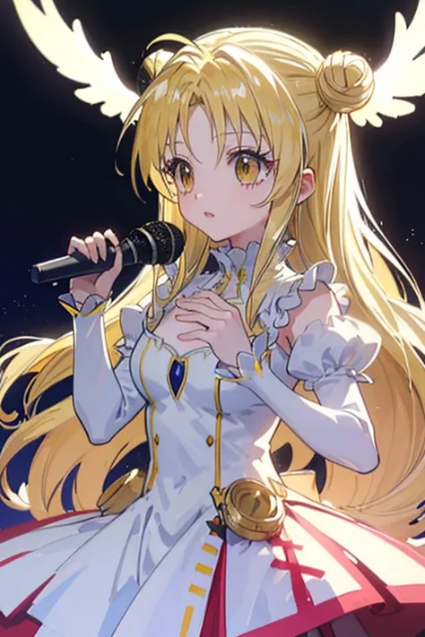 hair_bun drill_hair straight_hair Outfits include white_dress mitsuki_fullmoon, (((white angel wings))), Singing and dancing on a fancy broadcasting station stage, (((holding a white microphone in his hand))), masterpiece, masterpiece_portrait, distinct, d...