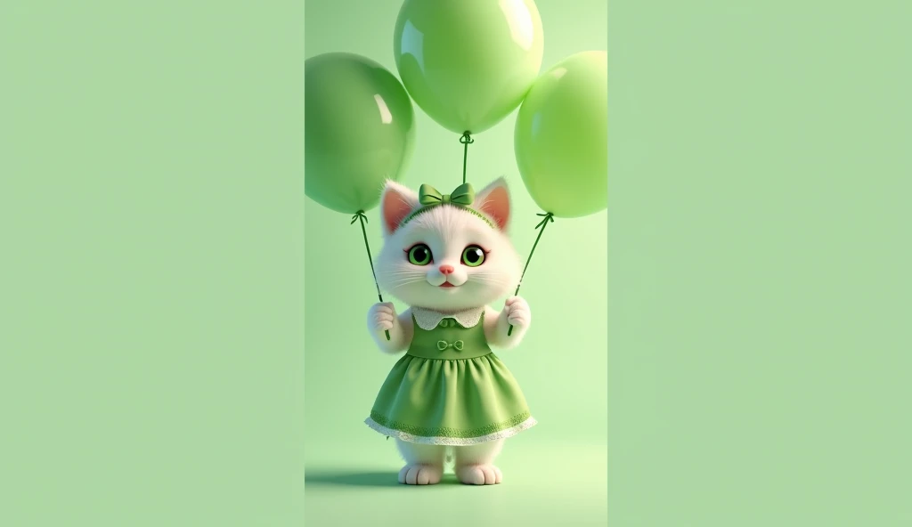 cute white kitten, Adorable and cheerful wearing green dress and matching bando holding green balloons