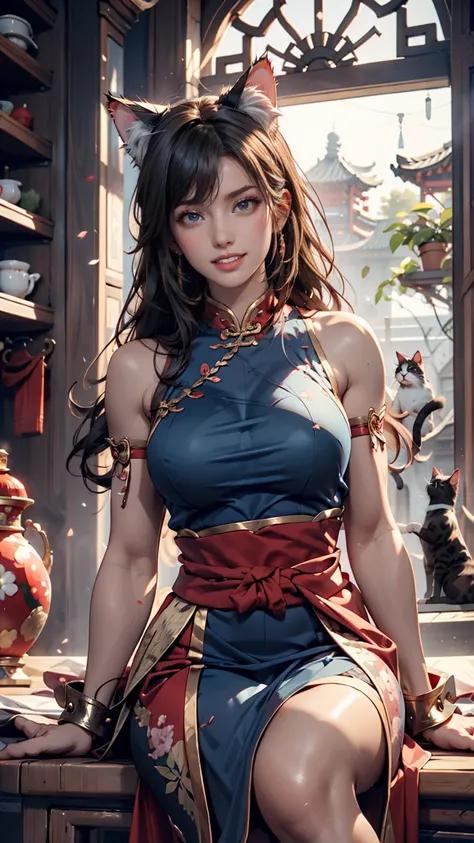 Chun-li's face, cat ears, sitting in red Chinese clothes and laughing