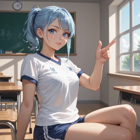 A young woman with fair skin and light blue hair sits at the back right corner of a classroom, near the window. Her hair is swept to the left, revealing one ear. She wears a Japanese school gym uniform consisting of a white T-shirt and very short blue gym ...