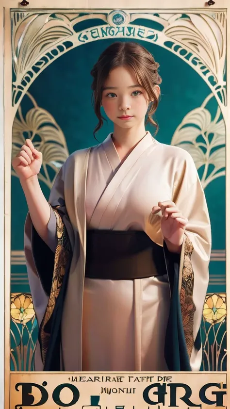 Emma Myers,  absurd,  top quality, 1 girl, Alone,  bright brown hair,  (Simple Space ), (( art nouveau style poster )),  standing、（Big Breasts、 kimono、 braids、 long hair：3）、和柄の kimono、