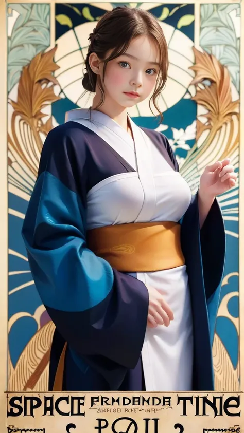 Emma Myers,  absurd,  top quality, 1 girl, Alone,  bright brown hair,  (Simple Space ), (( art nouveau style poster )),  standing、（Big Breasts、 kimono、 braids、 long hair：3）、和柄の kimono、