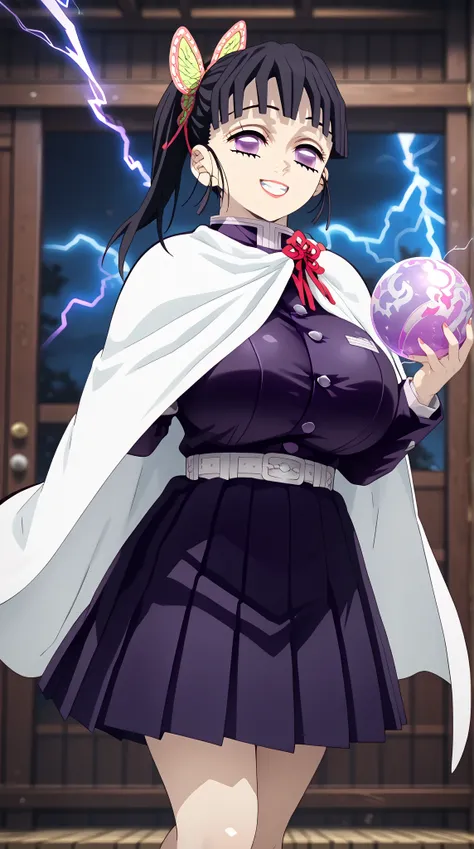 (UHD, retina, masterpiece, accurate, anatomically correct, super detail, high details,  highres, 1080P, 16k、high detail RAW color art:1.3)、 (Tsuyuri Kanao:1.3)、 side　Ponyterre、dark hair、purple eyes、(very gigantic breasts:1.3)、(Shiny skin:1.3)、(Toothy grin:...