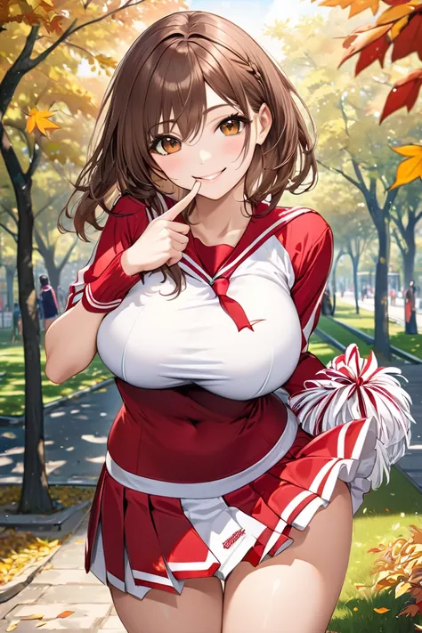 ((masterpiece)), ((high resolution)), ((best quality)), (ultra-detailed)  ,   super detailed,a high-school girl,,  stare at the viewer,smile, calm,  standing,(happy  smile:1.2), cheerleader,,Brown hair,big breasts,a park,leaves,A detailed eye,Brown eye,Bea...