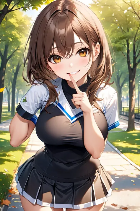 ((masterpiece)), ((high resolution)), ((best quality)), (ultra-detailed)  ,   super detailed,a high-school girl,,  stare at the viewer,smile, calm,  standing,(happy  smile:1.2), cheerleader,,Brown hair,big breasts,a park,leaves,A detailed eye,Brown eye,Bea...