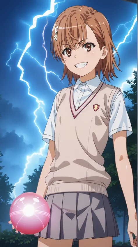 (UHD, retina, masterpiece, accurate, anatomically correct, super detail, high details,  highres, 1080P, 16k、high detail RAW color art:1.3)、 (misaka mikoto:1.3)、 short hair, brown hair、(very flat chest:1.5)、(Shiny skin:1.3)、(Toothy grin:1.3)、(skirt, shirt, ...