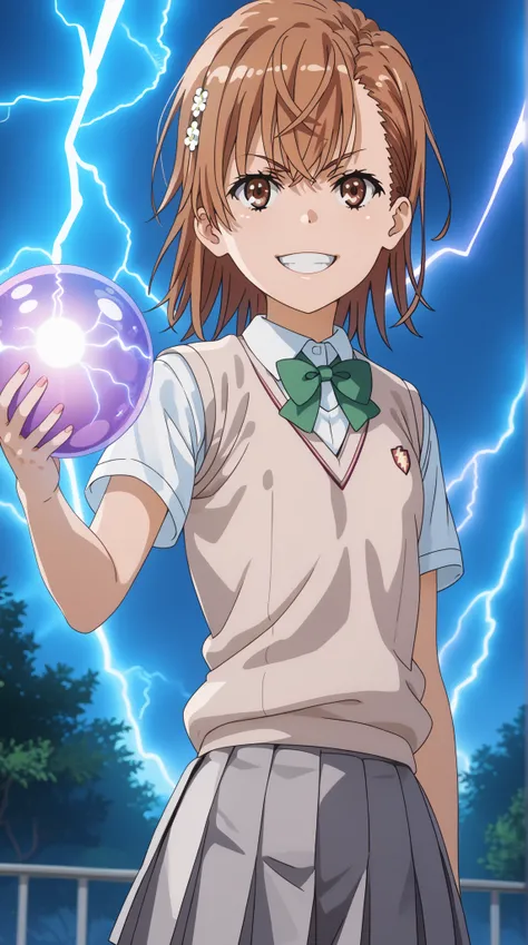 (UHD, retina, masterpiece, accurate, anatomically correct, super detail, high details,  highres, 1080P, 16k、high detail RAW color art:1.3)、 (misaka mikoto:1.3)、 short hair, brown hair、(very flat chest:1.5)、(Shiny skin:1.3)、(Toothy grin:1.3)、(skirt, shirt, ...