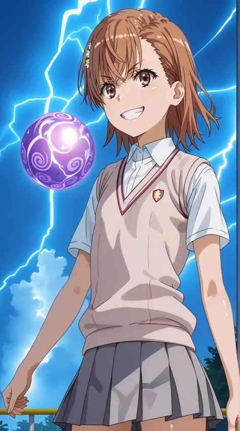 (UHD, retina, masterpiece, accurate, anatomically correct, super detail, high details,  highres, 1080P, 16k、high detail RAW color art:1.3)、 (misaka mikoto:1.3)、 short hair, brown hair、(very flat chest:1.5)、(Shiny skin:1.3)、(Toothy grin:1.3)、(skirt, shirt, ...