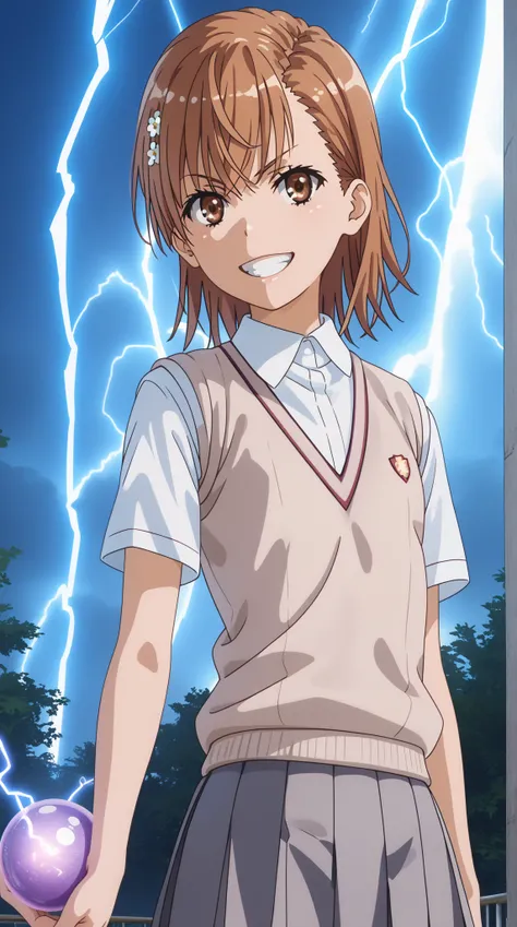 (UHD, retina, masterpiece, accurate, anatomically correct, super detail, high details,  highres, 1080P, 16k、high detail RAW color art:1.3)、 (misaka mikoto:1.3)、 short hair, brown hair、(very flat chest:1.5)、(Shiny skin:1.3)、(Toothy grin:1.3)、(skirt, shirt, ...