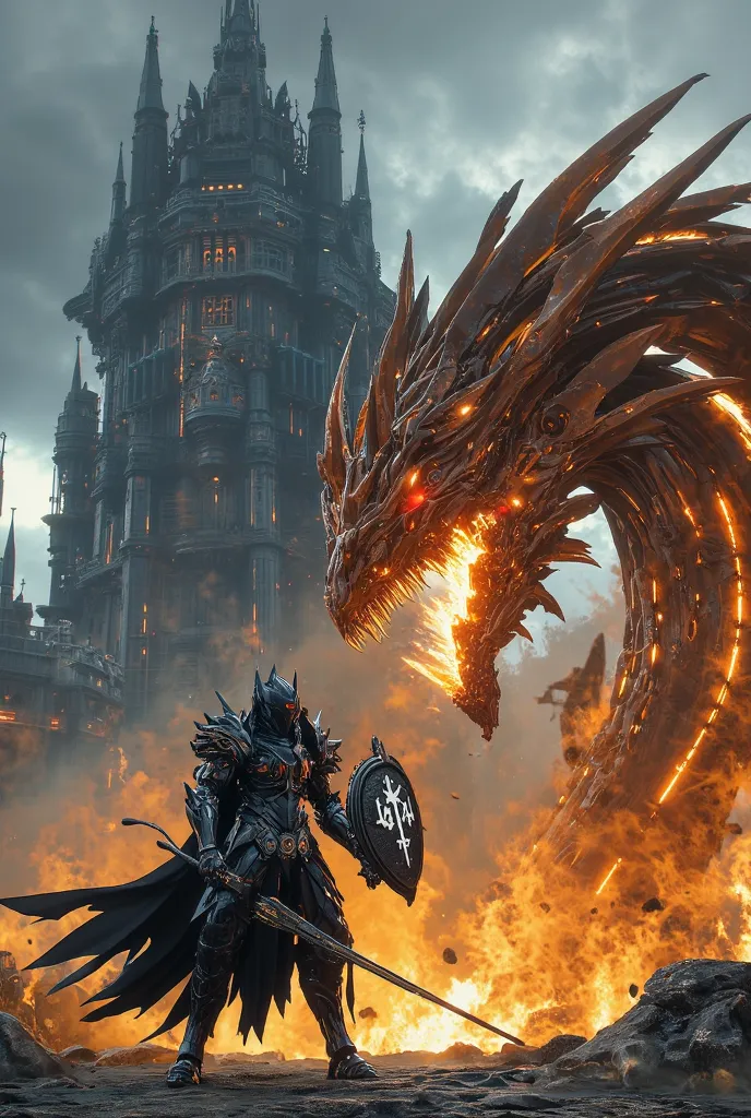  Realistic image of   、  a knight in black armor slashed down with a sacred shield and sword of fire in front of a dark fantasy castle 、   fighting a fire-breathing dark dragon  。3d 