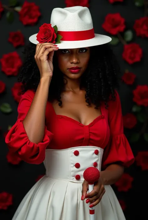  black woman, full hair curled , with a white hat , women's Panama model hat,  hat with a red band around it, a red rose on the left, playing cards in the hat, Along with the red rose, forming a detail, black background with lots of red roses, woman with r...