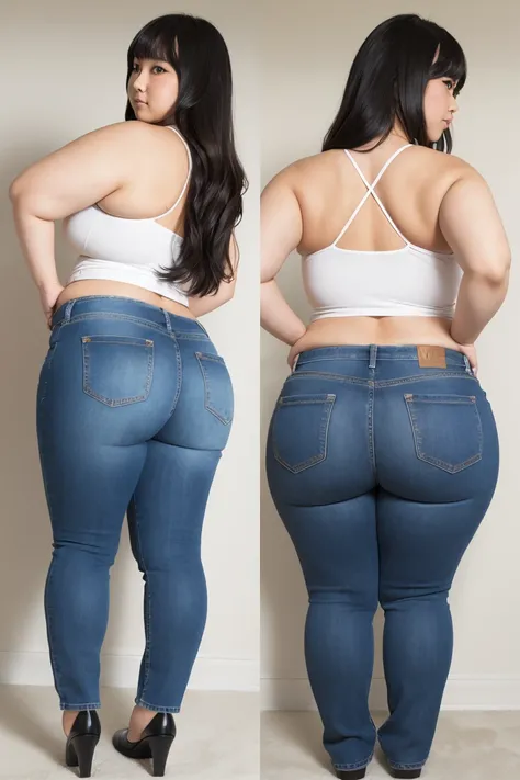 Fat girl,  obese overweight  ,   very fat  , Extra thick Japanese woman has  ,   very fat   hip,   big breasted, Thick arms,     Japanese Girl , Slim face,   個の非常に big hipsがあります ,  big hips,   big stomach,  thick legs,    idol、 jeans、 back view