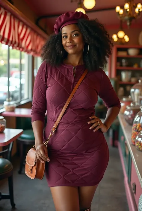 A curvaceous Black woman in a quilted mini dress in deep plum, the diamond stitching accentuating her curves, paired with lace-up combat boots and a leather crossbody bag. She wears a beret, her hair in a voluminous twist-out, browsing a vintage candy shop...