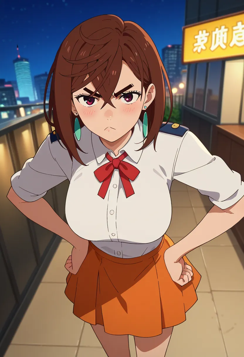 score_9, score_8_up , score_7_up , anime screencap, source_anime,  1girl , Alone,
KYOMOMO, brown hair, brown eyes, medium hair, hair between eyes,  thick eyebrows, earrings, large breasts,
 standing, hands on hips, pout, looking at viewer, blush, dutch ang...