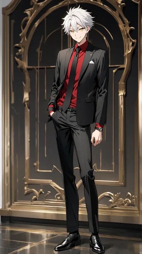 Full body anime male model, white hair, golden eyes, wearing a black suit, inside a red shirt, wearing a black tie, wearing a watch on his left wrist, wearing long black pants, wearing black leather shoes, smiling, standing upright, white background