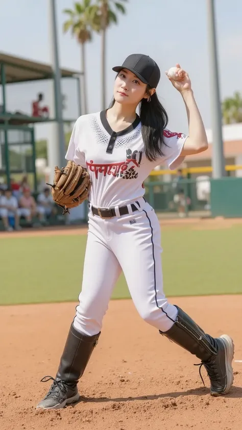 A female baseball pitcher with an athletic physique, wearing a professional uniform and a pitcher’s glove, captured mid-pitch from the mound. Her body is fully extended, with her throwing arm stretched forward and her glove hand balanced. The baseball is s...