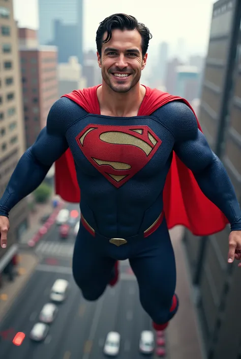 (masterpiece:1.2, Exceptional Quality, Mirror-like, Cinematic Experience, Best illustrations:2.0), Ultra-high resolution, Very detailed, 8k, wallpaper, (Super sexy man:0.5), (Super muscular:2.0), (Nicholas Alexander Chavez:2.0), (Superhero smiling at camer...