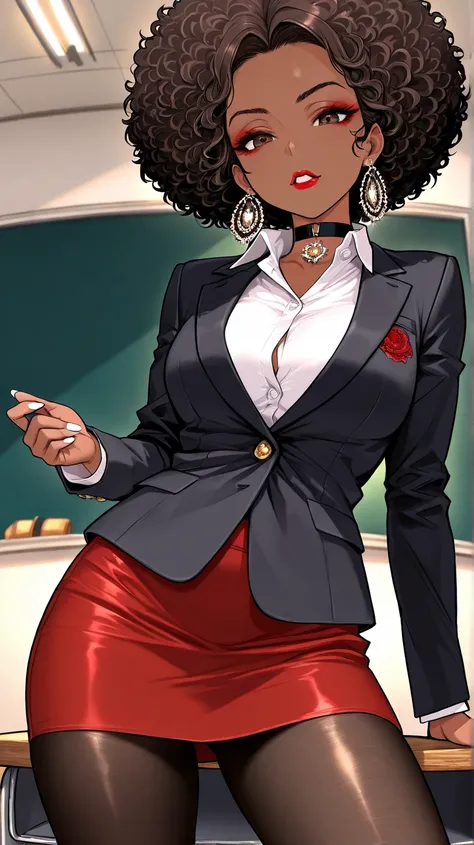 1Woman, Mature, Adult, Ebony, African American, Dark Brown Skin, Jet Black Curly Afro, Shiny Hair, Forehead, Dark Brown Eyes, White Nails, Red Lipstick, Dark Brown Eye Shadow, White Inner Shirt, Red Mini-Skirt, Black Blazer Jacket, Black Pantyhose, Black C...