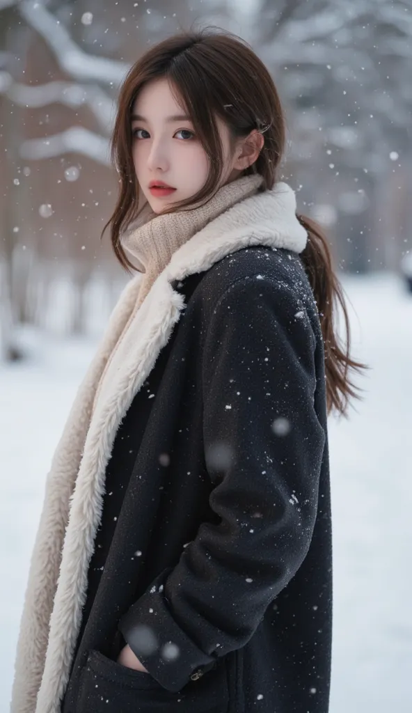 A super soft-focus, dreamy and ethereal photograph. A beautiful young woman stands in a serene, snow-covered winter landscape, wearing a variety of warm winter outfits. Her body is turned sideways to the camera, and her face is looking straight ahead, alig...