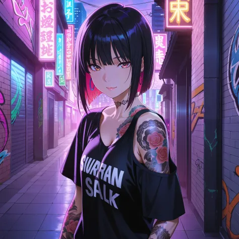 masterpiece, best quality, amazing quality, anime screencap. BREAK. asian woman, tattoos on arm, intricate tattoo designs, modern streetwear, confident expression, urban background, vibrant colors, detailed shading, realistic lighting .BREAK. cityscape, gr...