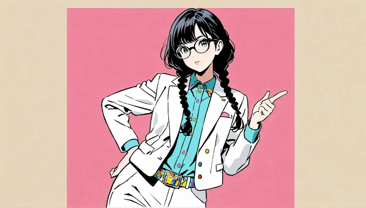 ((alone)),((pointing up)),(( wiggle your hips)), expressionless,((Black hair long hairstyle with braids)),((( black rimmed glasses))),masterpiece, Highest quality, Beautiful attention to detail, Very detailed, In detail, High resolution, (( white suit jack...