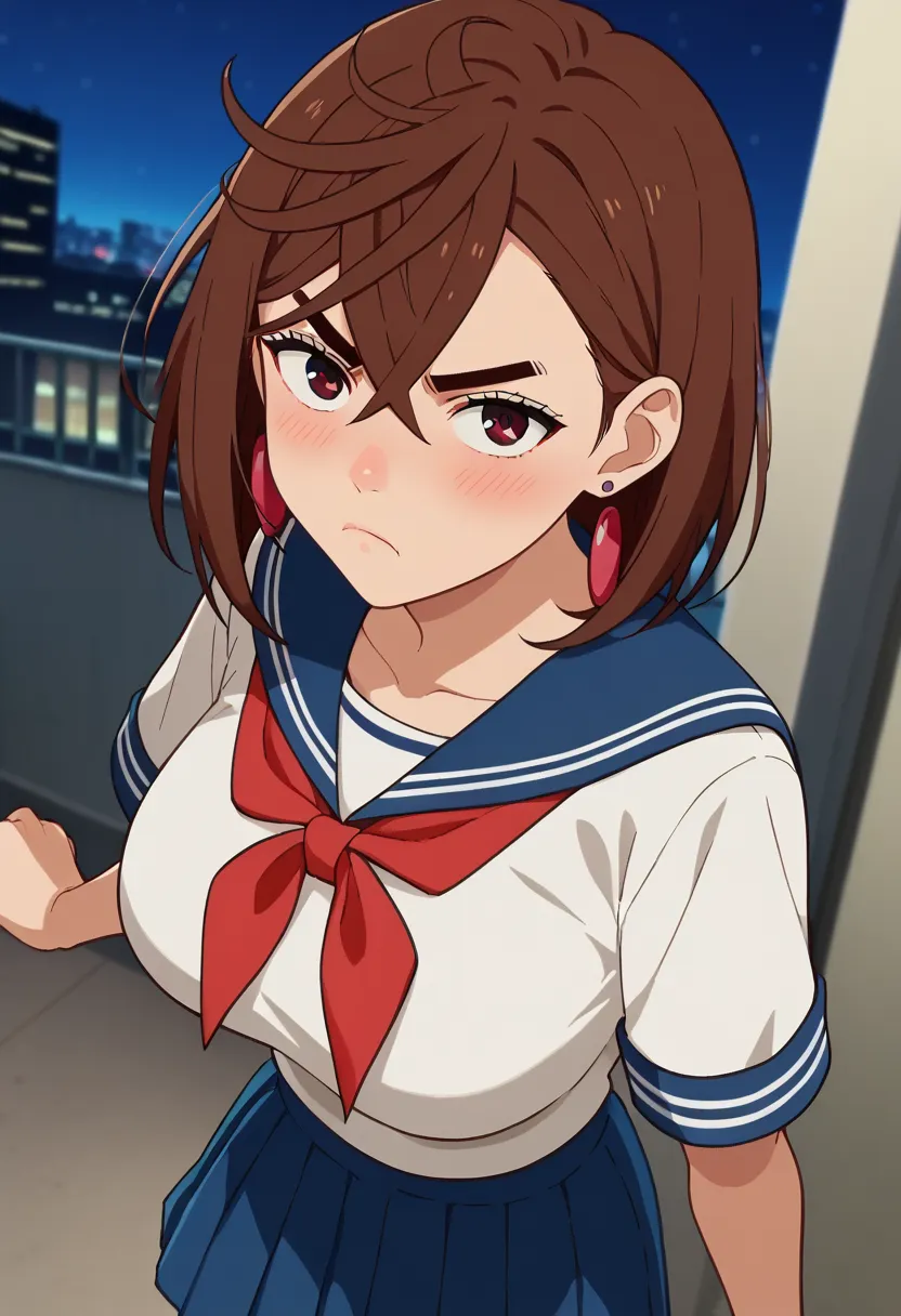 score_9, score_8_up , score_7_up , anime screencap, source_anime,  1girl , Alone,
KYOMOMO, brown hair, brown eyes, medium hair, hair between eyes,  thick eyebrows, earrings, large breasts,
 pout, looking at viewer, blush, dutch angle, from above, sailor su...