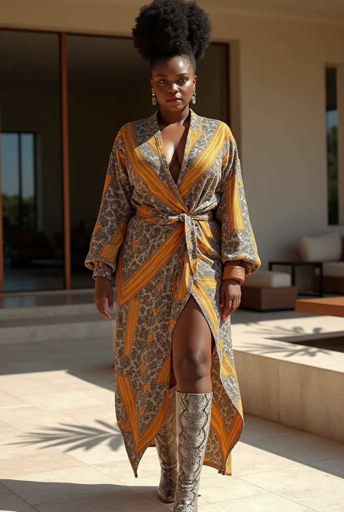 A curvaceous Black woman in a geometric-print wrap dress with asymmetrical hem and bell sleeves, paired with knee-high snakeskin boots. She accessorizes with a wide leather cuff, her hair in a high puff with baby hairs gelled into swirls, standing in a mid...