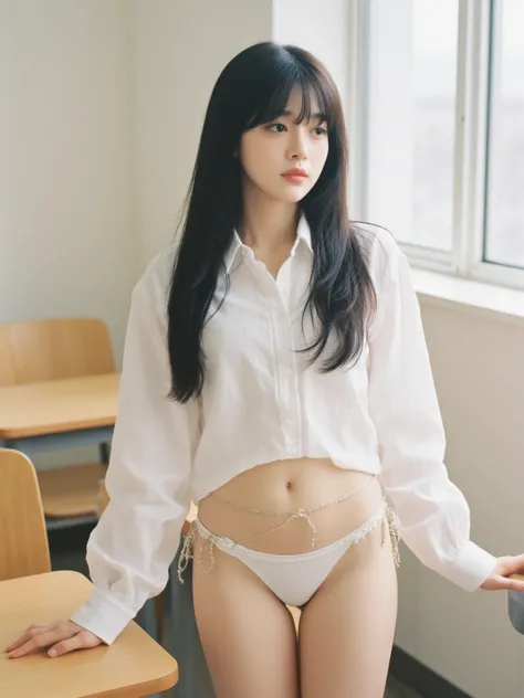 A young woman with long, straight black hair and fair skin is standing in a classroom. She is wearing a white button-down shirt that is cropped at the waist, revealing a portion of her midriff.  She is also wearing a white thong-style bikini bottom with a ...