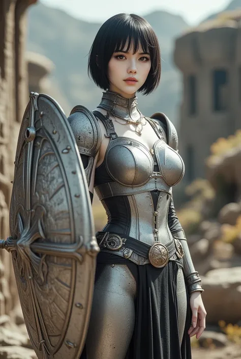 Big shield girl 、 woman holding a big shield 、21 years old、Beauty、 black hair shortcut 、 with bangs aligned above her eyebrows 、 growing sideburns 、 white skin、 wearing minor armor、 shield is big because it has a sword, spear, bow and arrow built into it、 ...