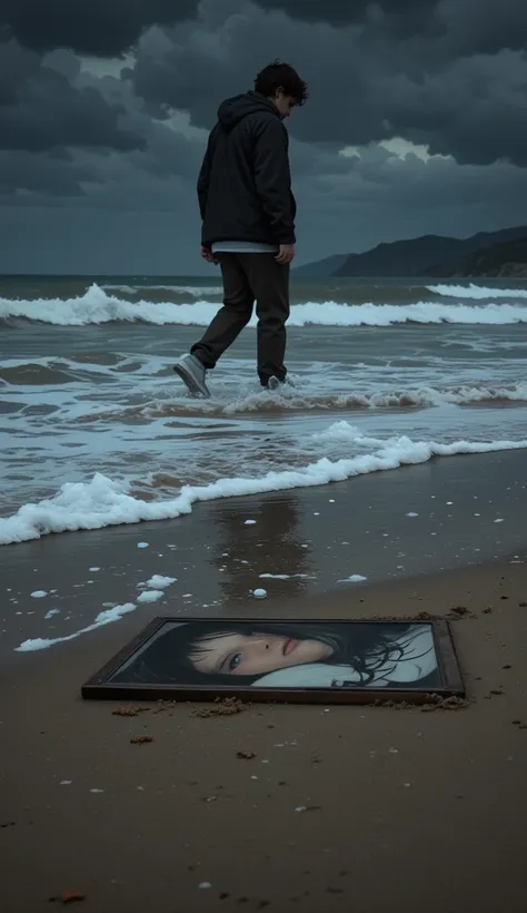  legs of a young man dressed in dark pants walking along the seacoast after a storm, waves roll ashore , dark grey stormy sky , on the shore, there is a picture all wet and partly in the sand. It shows a portrait of a young woman 25 years old dark straight...