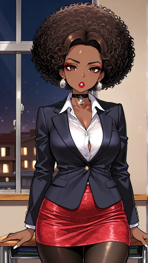 1Woman, Mature, Adult, Ebony, African American, Dark Brown Skin, Jet Black Curly Afro, Shiny Hair, Forehead, Dark Brown Eyes, White Nails, Red Lipstick, Dark Brown Eye Shadow, White Inner Shirt, Red Mini-Skirt, Black Blazer Jacket, Black Pantyhose, Black C...