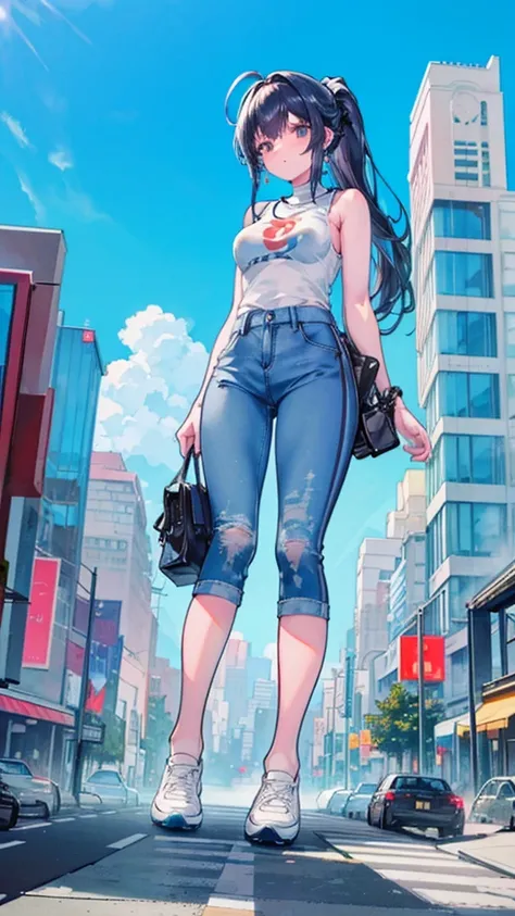   from a compositional angle 　 masterpiece　　 Unreal Engine 　アニメ style　Delicate Paintings 　4K　90's　 giant　  Multiple Girls 　crowd　 　　Metropolis　Train Station　line　many trains 　　crowd　 A human audience 　街の谷間に立つ giantの少女　 denim pants　 big breasted　 white t-sh...