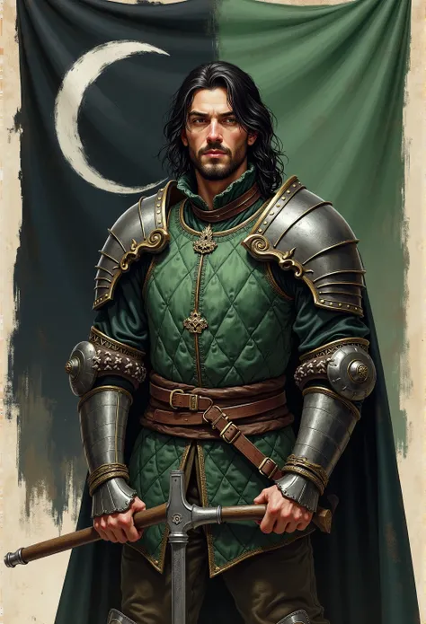 A realistic medieval fantasy portrait of a man. He has black hair and is very fit. He is 30 years.
He wears a quilted doublet of green and black colored wool and some plate armor. In his hands a long silver-colored ax. 
On the background a large banner tha...