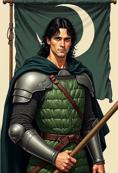 A realistic medieval fantasy portrait of a man. He has black hair and is very fit. He is 30 years.
He wears a quilted doublet of green and black colored wool and some plate armor. In his hands a long silver-colored ax. 
On the background a large banner tha...